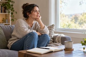 Person reflecting calmly while learning about agateophobia and fear of losing mental control