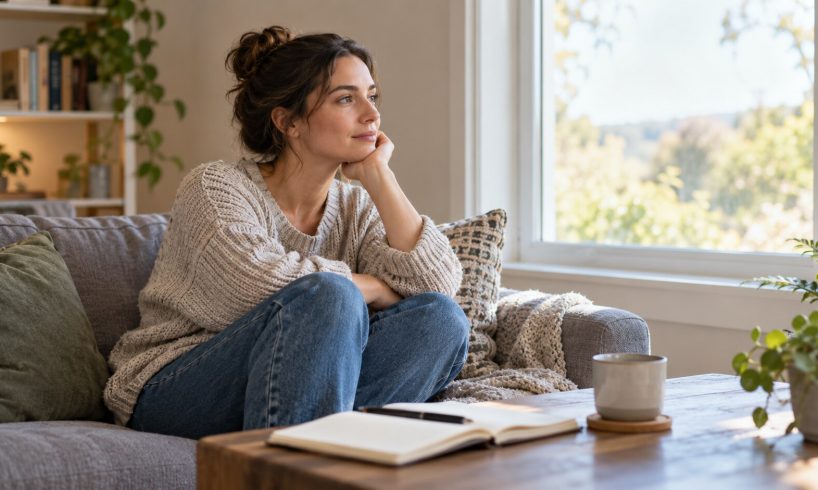 Person reflecting calmly while learning about agateophobia and fear of losing mental control