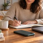 Person journaling with a phone face down to interrupt repeated reassurance seeking