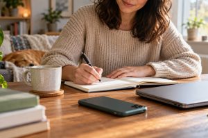 Person journaling with a phone face down to interrupt repeated reassurance seeking