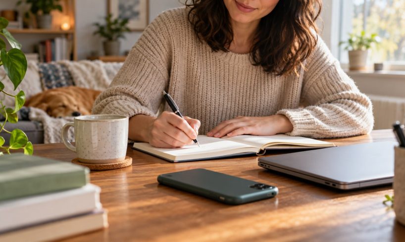 Person journaling with a phone face down to interrupt repeated reassurance seeking