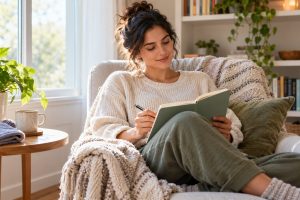 Person calmly writing in a wellness notebook while learning about fear of pain