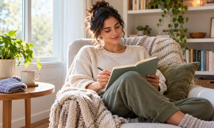 Person calmly writing in a wellness notebook while learning about fear of pain