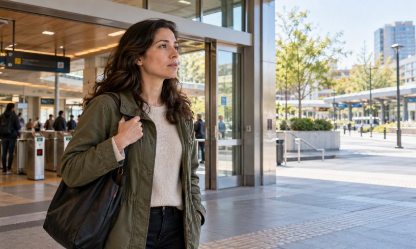 Person calmly observing both indoor and outdoor areas at a transit entrance