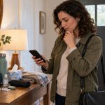 Person reconsidering comfort items and a route before leaving home