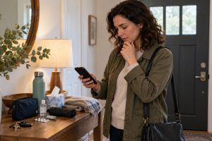 Person reconsidering comfort items and a route before leaving home