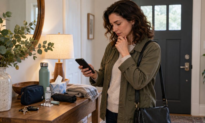 Person reconsidering comfort items and a route before leaving home