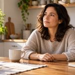 Person pausing at a kitchen table while responding calmly to a frightening thought