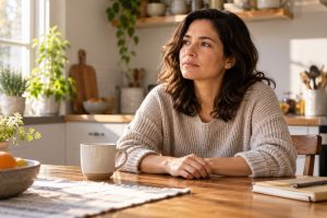 Person pausing at a kitchen table while responding calmly to a frightening thought