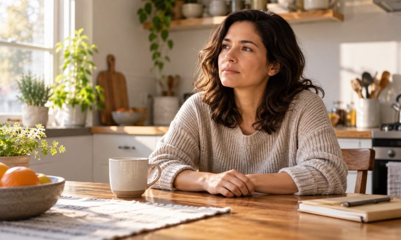 Person pausing at a kitchen table while responding calmly to a frightening thought