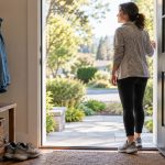 Person pausing at an open doorway before a manageable everyday outing