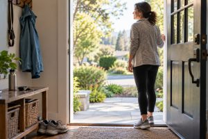 Person pausing at an open doorway before a manageable everyday outing