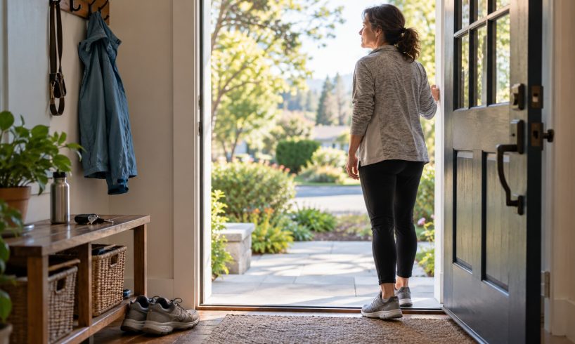 Person pausing at an open doorway before a manageable everyday outing