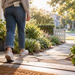 Person taking one calm step from a doorway onto a short garden path