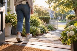 Person taking one calm step from a doorway onto a short garden path