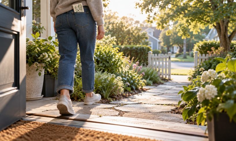 Person taking one calm step from a doorway onto a short garden path