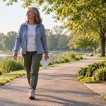 Adult taking a comfortable walk on a quiet park path with a bench nearby
