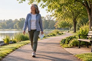 Adult taking a comfortable walk on a quiet park path with a bench nearby