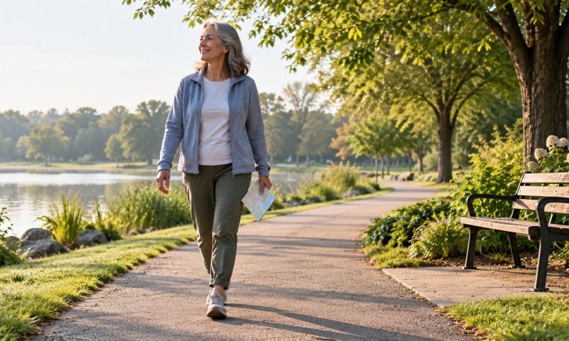 Adult taking a comfortable walk on a quiet park path with a bench nearby