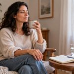 Person using a quiet grounding routine with water and a notebook nearby