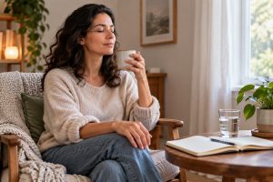 Person using a quiet grounding routine with water and a notebook nearby