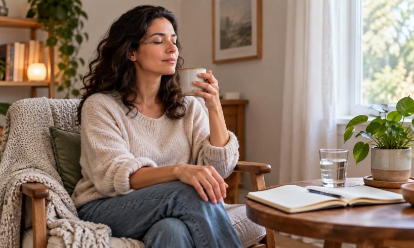 Person using a quiet grounding routine with water and a notebook nearby