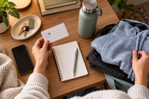 Hands organizing questions and comfortable items before a medical or dental appointment
