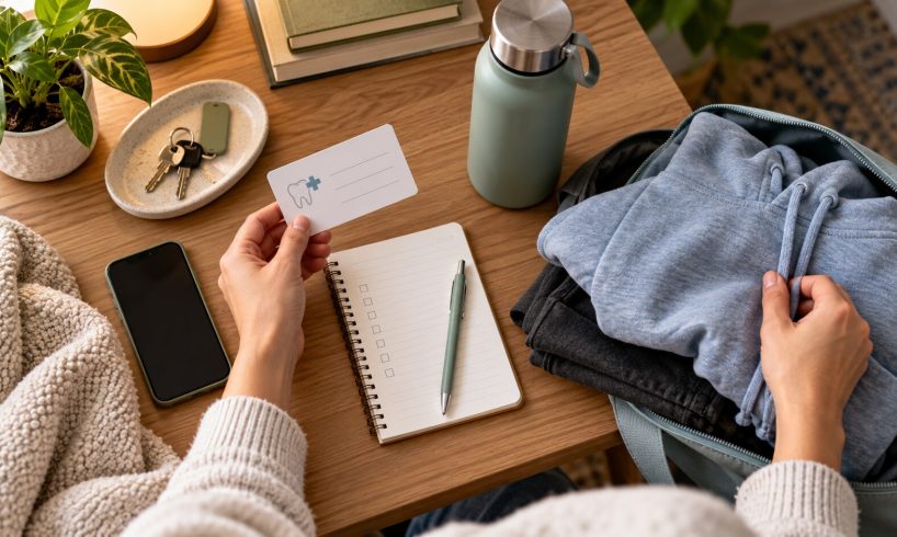 Hands organizing questions and comfortable items before a medical or dental appointment
