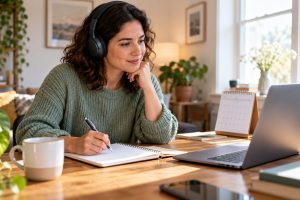 Person preparing notes and headphones for a professional support appointment