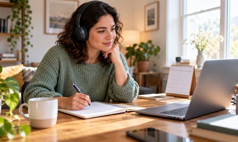 Person preparing notes and headphones for a professional support appointment