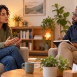 Two adults having a calm, collaborative conversation in a welcoming office
