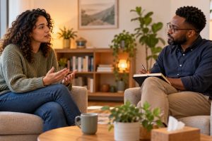 Two adults having a calm, collaborative conversation in a welcoming office