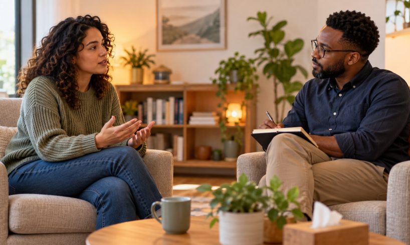 Two adults having a calm, collaborative conversation in a welcoming office