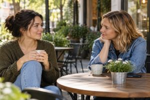 Two friends talking at a quiet cafe while one listens without taking over