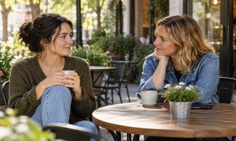 Two friends talking at a quiet cafe while one listens without taking over