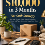 How To Save $10,000 in 3 Months: The $10k Strategy cover with a notebook, calculator and resale shipping box