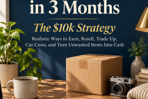 How To Save $10,000 in 3 Months: The $10k Strategy cover with a notebook, calculator and resale shipping box