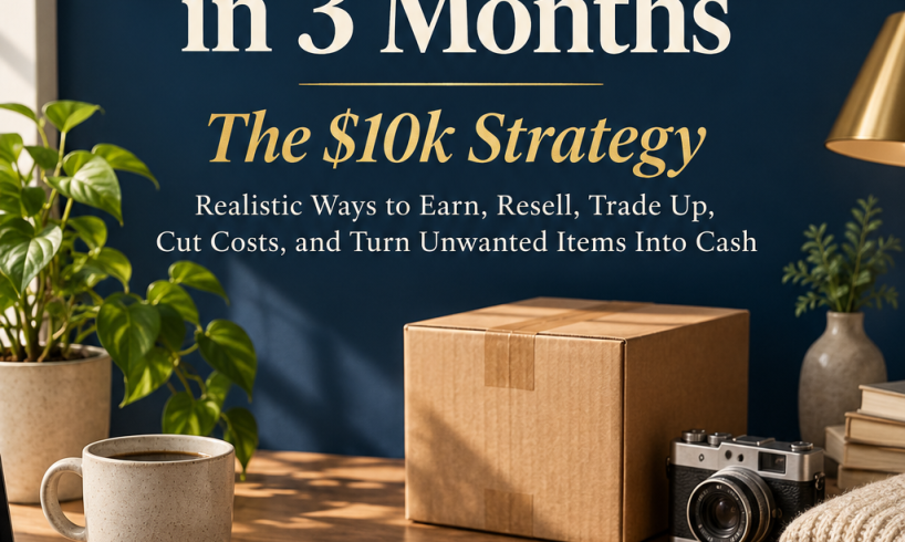 How To Save $10,000 in 3 Months: The $10k Strategy cover with a notebook, calculator and resale shipping box