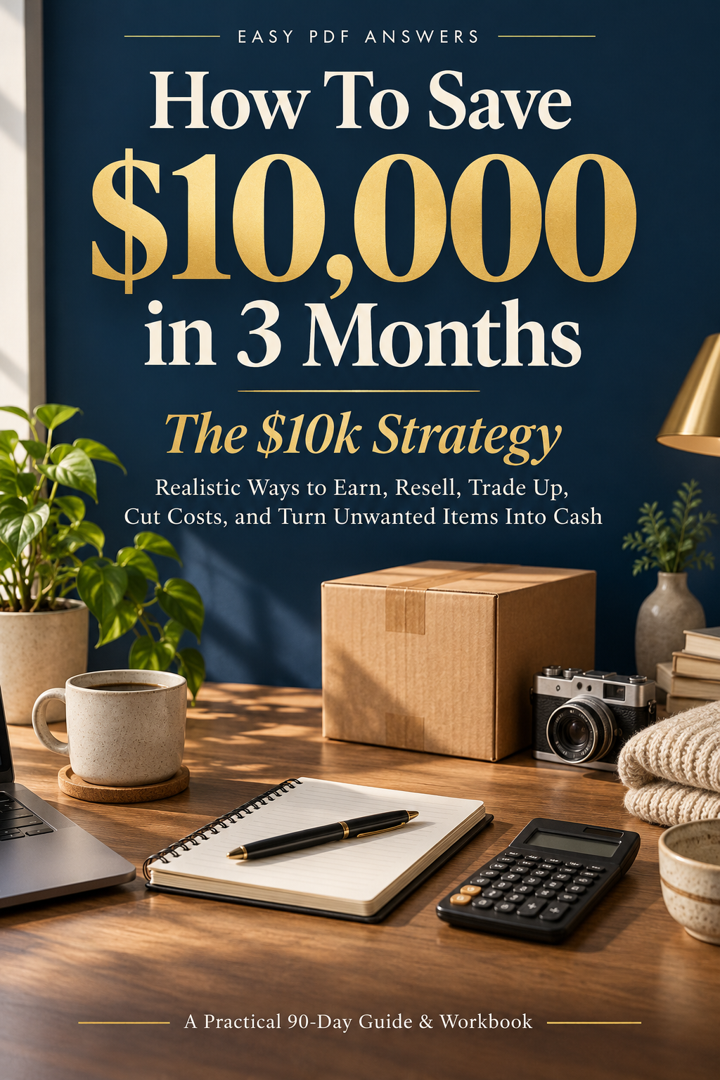 How To Save $10,000 in 3 Months: The $10k Strategy cover with a notebook, calculator and resale shipping box