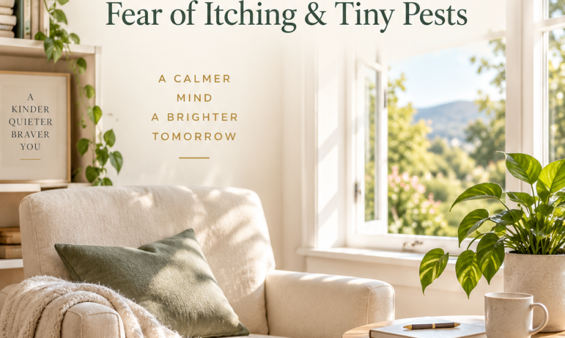 Understanding Acarophobia guide cover with a peaceful reading corner and notebook