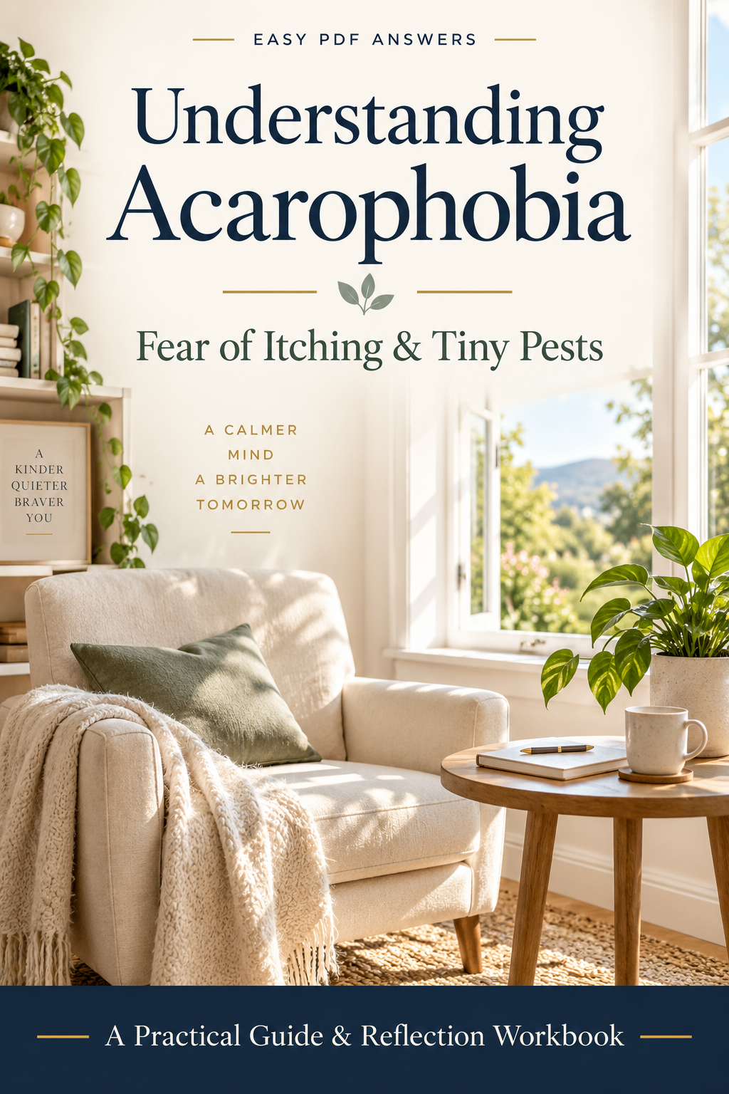 Understanding Acarophobia guide cover with a peaceful reading corner and notebook