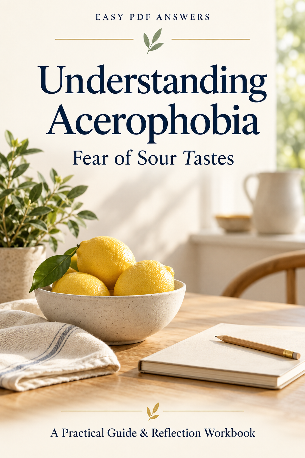 Understanding Acerophobia guide cover with lemons in a ceramic bowl beside a notebook